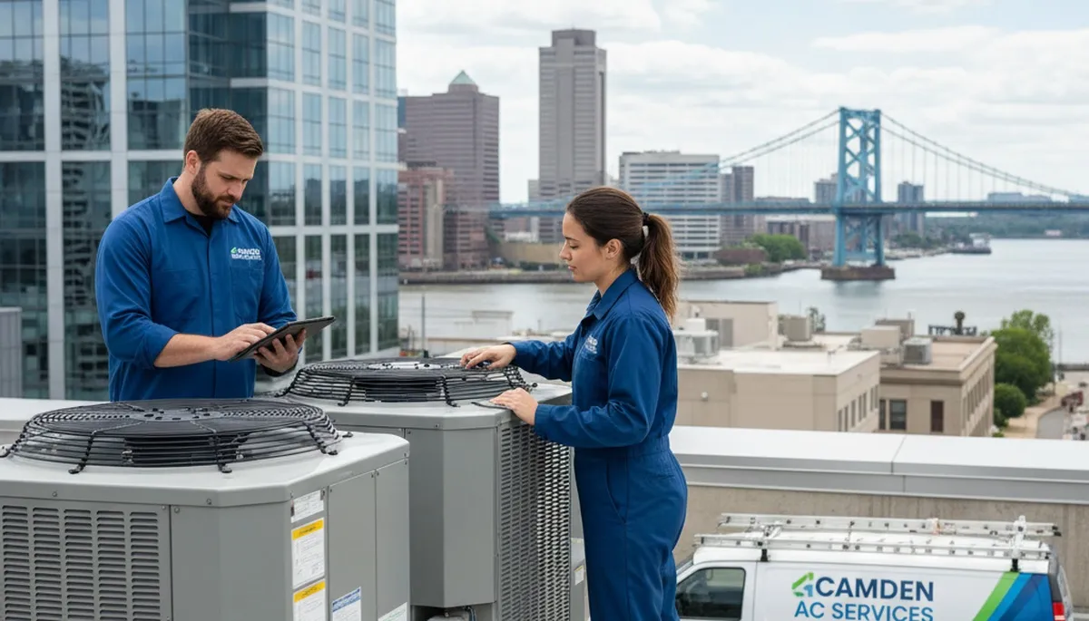 Professional AC repair technician servicing air conditioner unit in Philadelphia PA