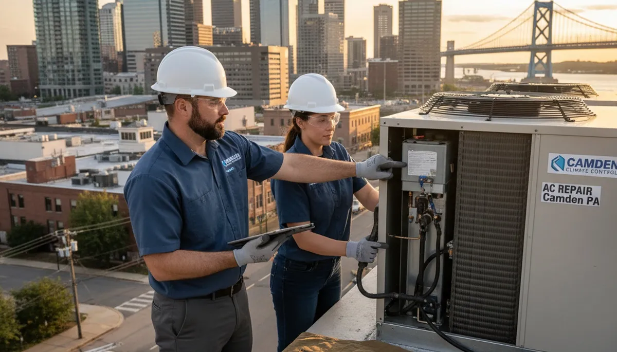 Professional AC repair technician servicing air conditioner in Philadelphia PA home