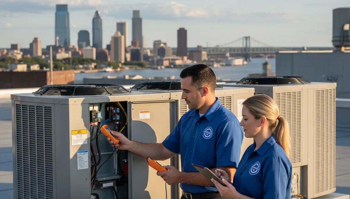 Professional AC repair technician servicing air conditioner in Philadelphia PA home
