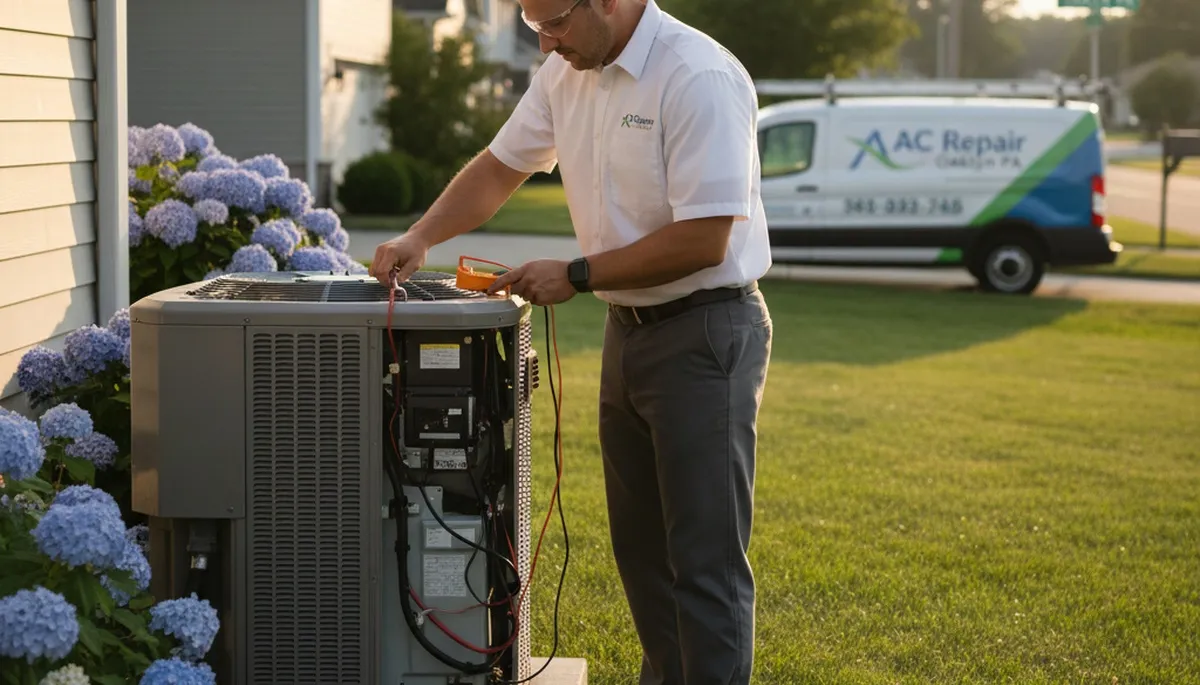 Professional AC repair technician servicing air conditioning unit in Philadelphia PA