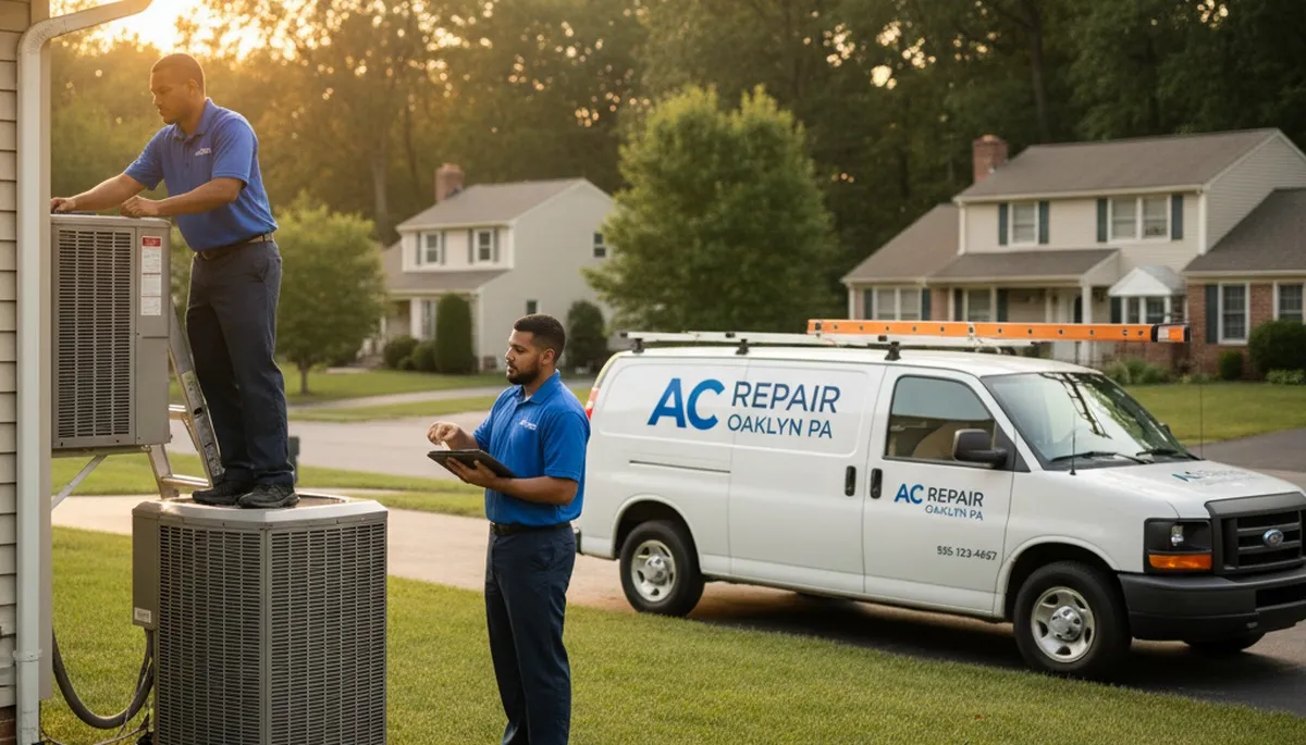 Professional AC repair technician servicing air conditioner in Philadelphia PA home